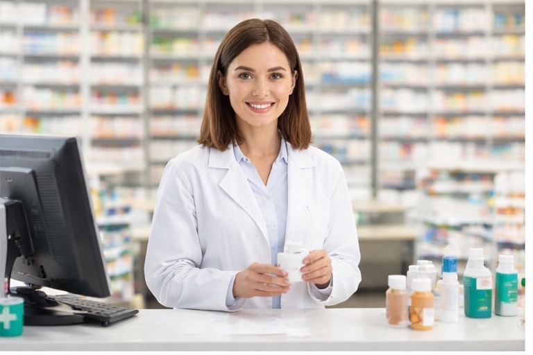 Profesional en farmacia mostrando medicamento