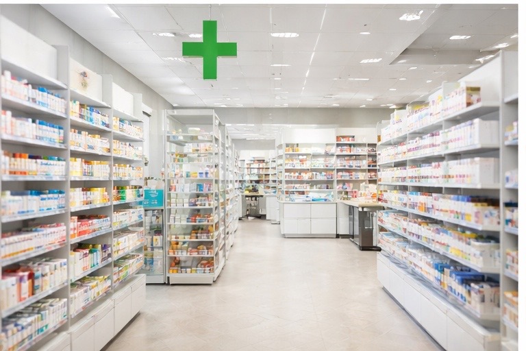 Interior de farmacia con estantes de productos